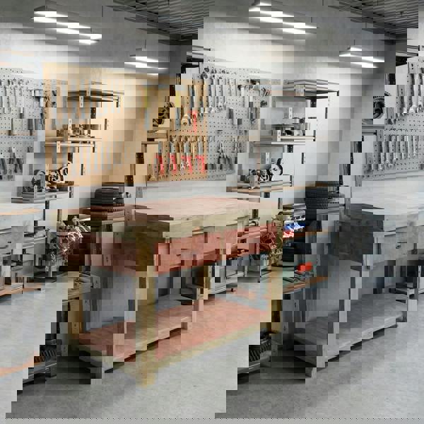 Wooden eucalyptus Top Workbench – Durable Tool Cabinet with Multiple Drawers, Ideal for Dry Indoor Spaces Such as Garages, Workshops, and Studios