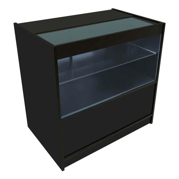 Black Phoenix LED shop counter set featuring sleek design, glass top, illuminated shelves, and spacious storage for retail displays