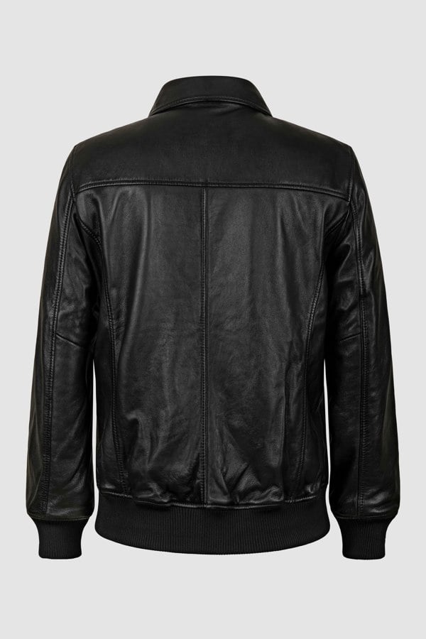 Mens Detachable Borg Collar Black Genuine Leather Jacket