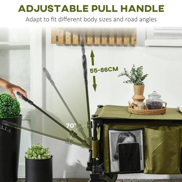 Green folding trolley with adjustable pull handle and side mesh storage panel