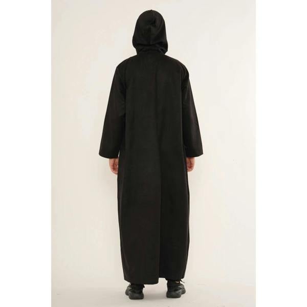 HM12 - Men's Hooded Suede Emirati Omani Zipped Thobe - Black - Thobez - 14