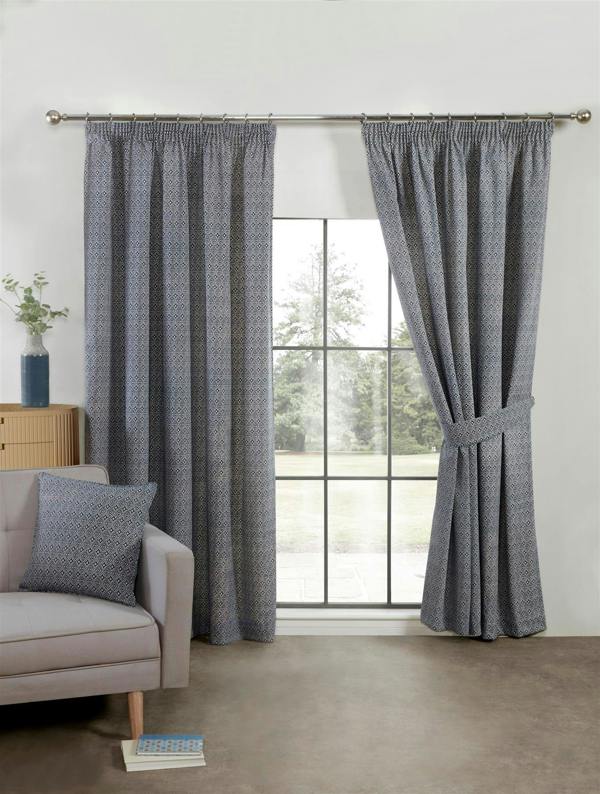 Aztec Navy Pencil Pleat Curtains