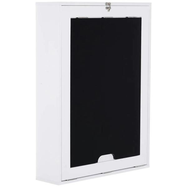 White wall-mounted drop-leaf table with closed black chalkboard panel, front view.