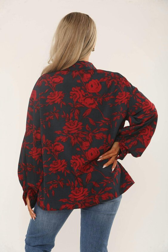 Elaina Fashion Black & Red Floral Print Oversized Blouse – Long Sleeve Button-Up