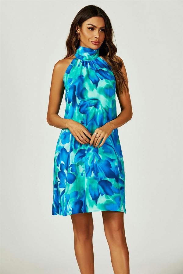FS Collection Abstract Floral Print Halter Neck Tie Back Mini Dress In Blue