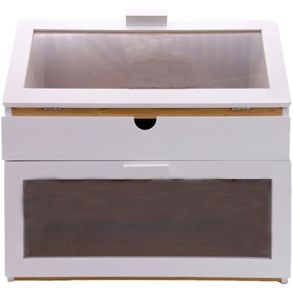 White storage box with a transparent lid and clear front panel on a white background