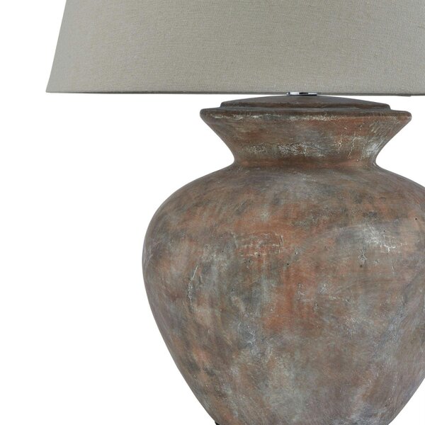 Wyld Haus Padua Rustic Brown Ceramic Round Table Lamp Distressed Finish Neutral Fabric Shade