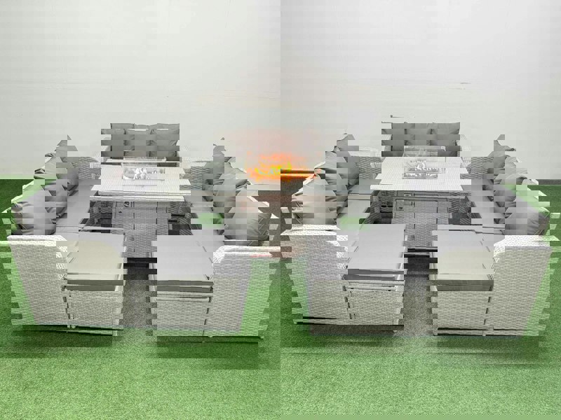 Fimous PE Rattan Lounge Sofa Set 11 Seater Outdoor Garden Furniture Set with Fire Pit Dining Table 3 Seater Sofa 2 Big Footstools Light Grey