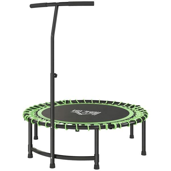 Mini round green trampoline with black jumping mat, steel frame, and adjustable handle