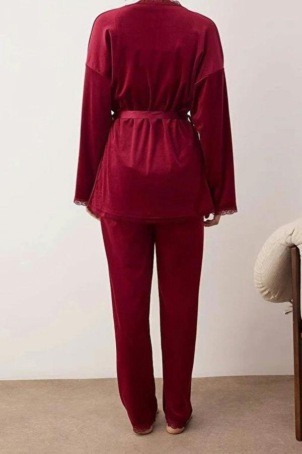 WOVCOR 3-Piece Bridal Set with Lace Details, Velvet Knitted Robe + Pajama Set