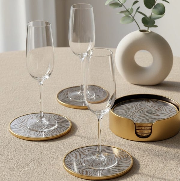 Maison des Cadeaux Set of 4 Zebra Print Round Drink Coasters with Holder
