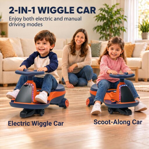 AIYAPLAY 2-In-1 12V Electric Wiggle Car with 2 Speeds, PU Wheels, Orange