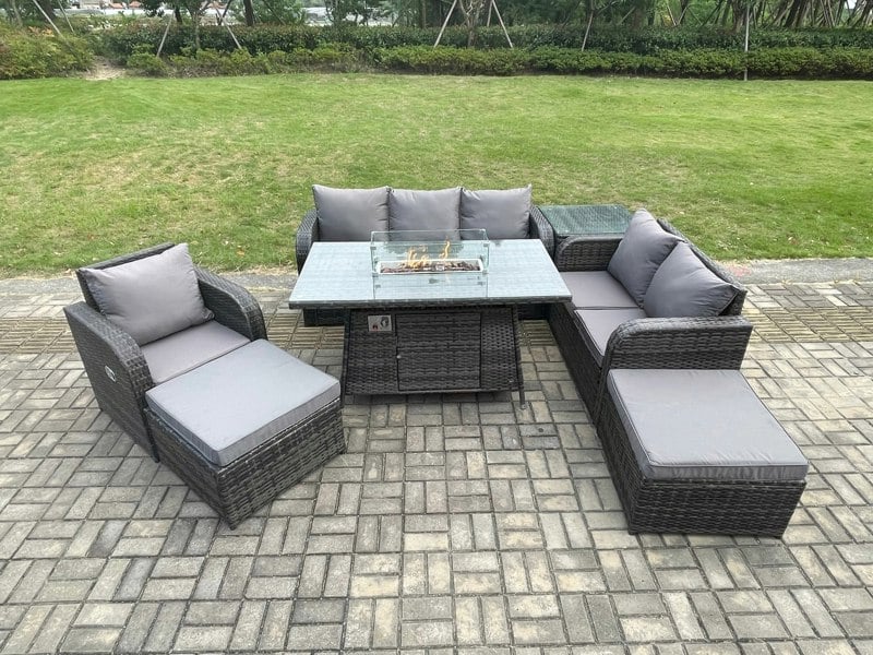 Fimous Garden Patio Furniture Wicker Rattan Gas Fire Pit Table and Sofa Chair set with Side Tables 2 Big Footstool