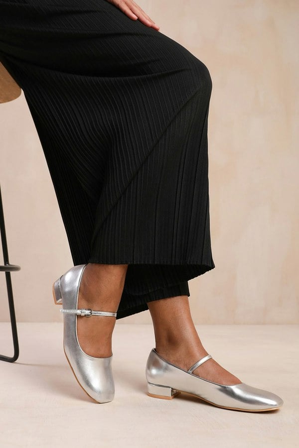 Where's That From Minsk Low Heel With Strap and Buckle Detail in Silver Faux Leather