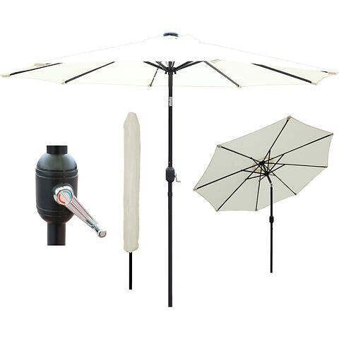 GlamHaus Garden Parasol Solar LED 2.7M ,Tilting Table Umbrella with Crank Handle, Protection UV40, Includes Parasol Cover- Cream