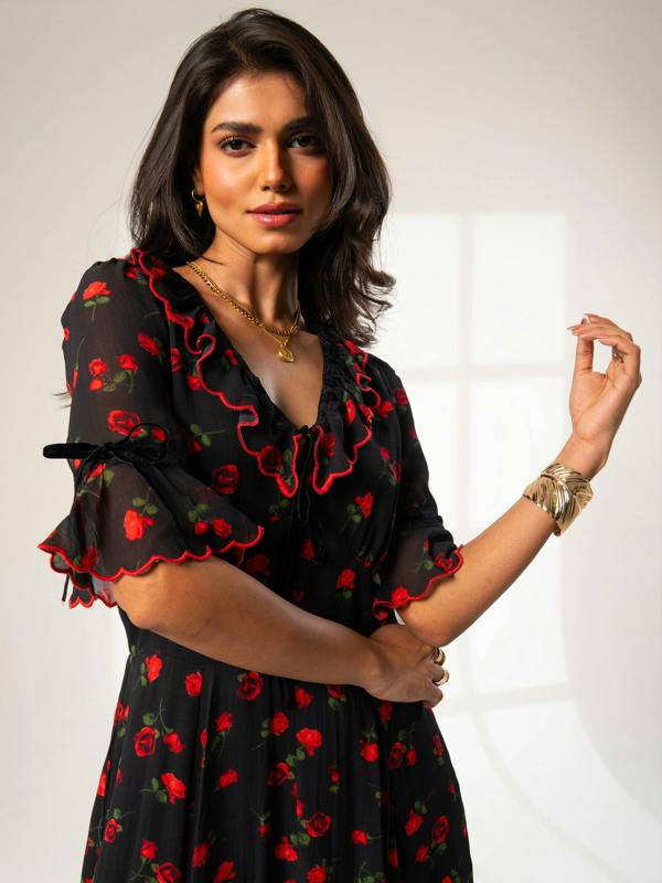 Rose & Nancy Toni Red Rose Print Velvet Tie Maxi Dress&nbsp;