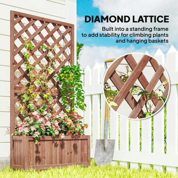 Garden planter box with diamond lattice trellis panel and dense climbing foliage, brown