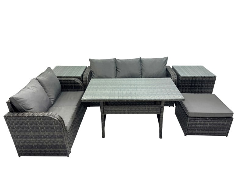 Fimous 6 Seat Outdoor Wicker PE Rattan Garden Furniture Set Dining Table Sofa Sets with Big Stool 2 Side Tables Dark Grey Mixed