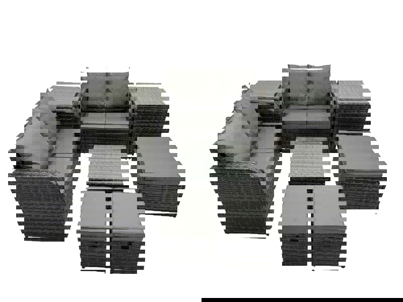 Fimous Rattan Garden Outdoor Furniture Set Love Sofa Square Coffee Table Set with 2 Side Tables 3 Stools Dark Grey Mixed