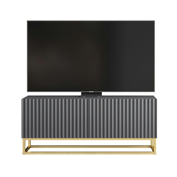 Mex Furniture Grey TV Unit with Gold Base 100cm – Fluted Fronts & Push-Down Doors