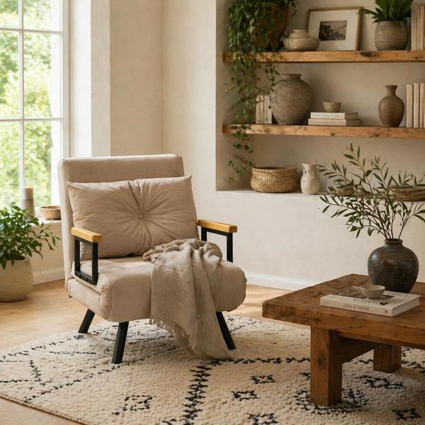 Wyld Haus Elvael Velvet Beige 4 In One Convertible Single Chair Bed With Cushion