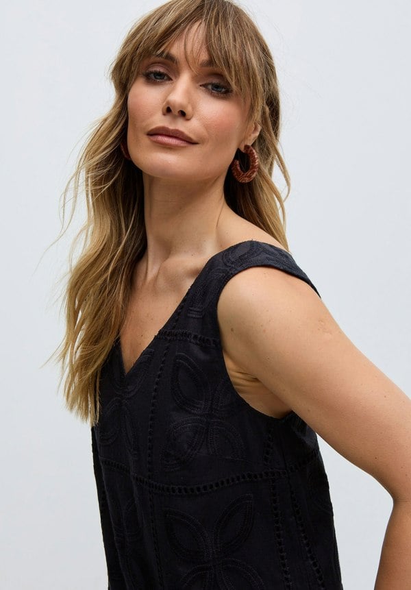 Raffya Squire All Over Cut Work Drop Waist Midi Dress In Black