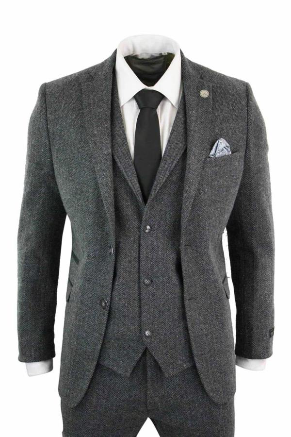 TruClothing Men's 3 Piece Charcoal Grey Herringbone Tweed Suit
