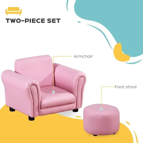 Pink kids armchair with matching round footstool, two-piece set.