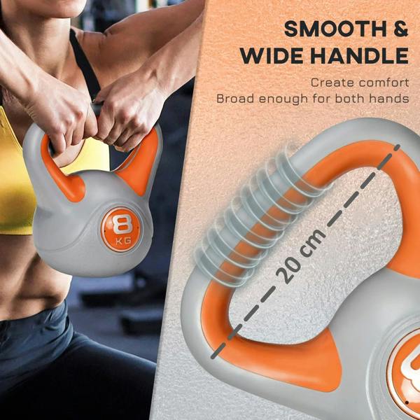Orange-handled 8 kg kettlebell with smooth wide grip and grey base