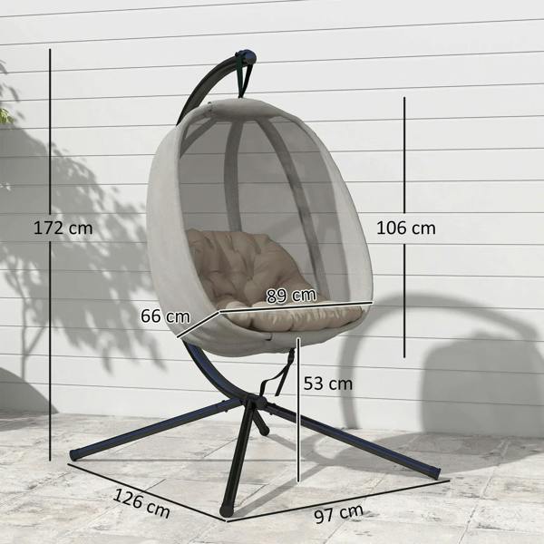 Hanging egg chair with khaki mesh pod and beige cushion, shown with size layout