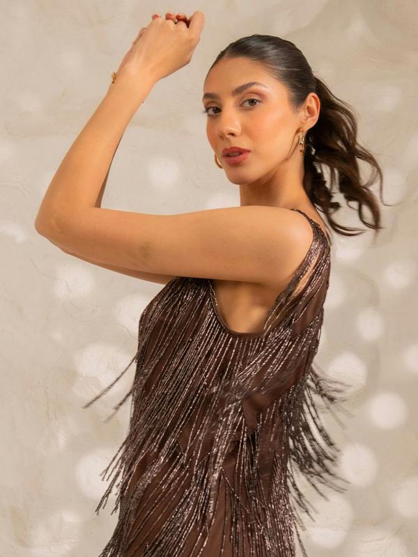 Rose & Nancy Sara Chocolate Beaded Fringe Mini Dress&nbsp;