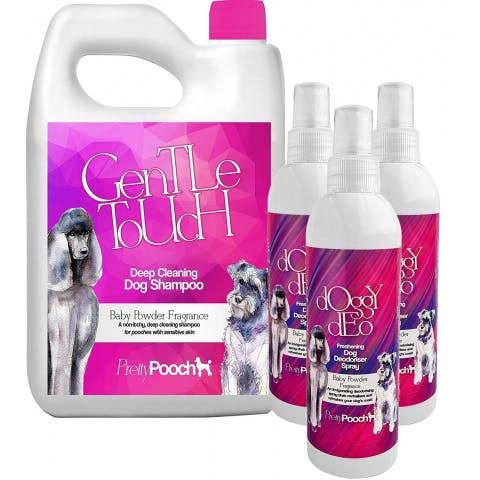 Pretty Pooch Gentle Touch Dog Shampoo (2 Litres) & Dog Deodoriser Spray (3 Pack of 250ml)