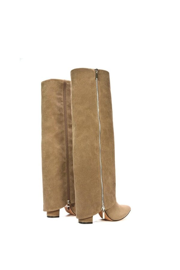 XY LONDON Knee High Boots Fold Over Point Toe Deco Zip