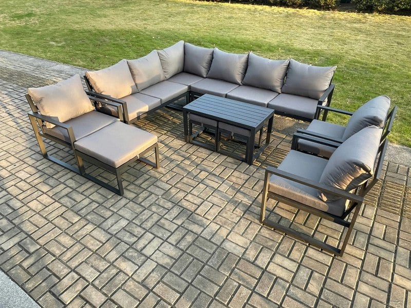 Fimous Aluminium 12 Seater Outdoor Lounge Corner Sofa Set Garden Furniture Sets with Oblong Coffee Table 3 Chairs 3 Footstools Dark Grey