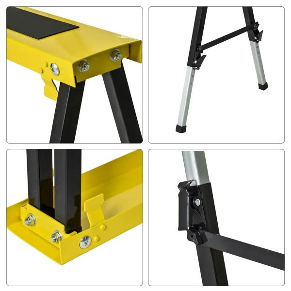Detail views of yellow sawhorse trestle frame and adjustable steel leg joints