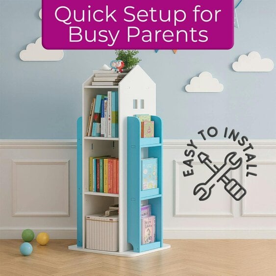 Neo Kid's Freestanding Bookshelf Blue House Shaped 360° Rotating