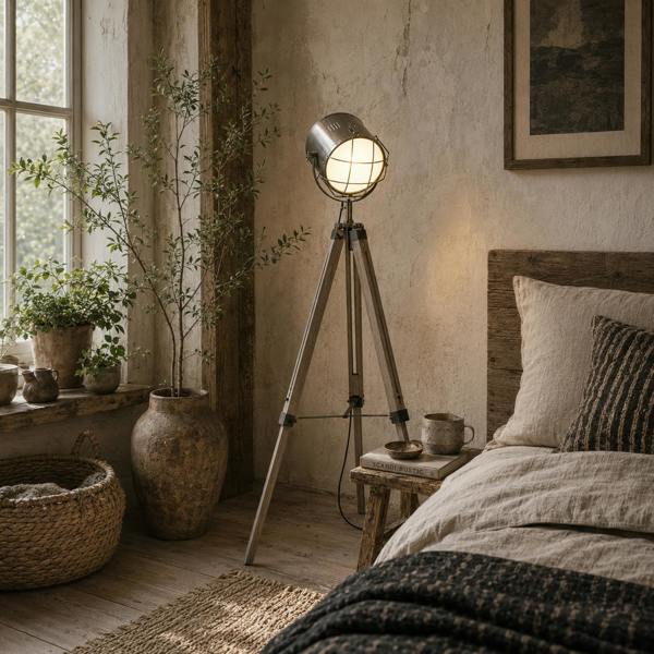 Wyld Haus Lesado Zine Wood And Metal Grey Adjustable Tripod Floor Lamp With Spotlight Head
