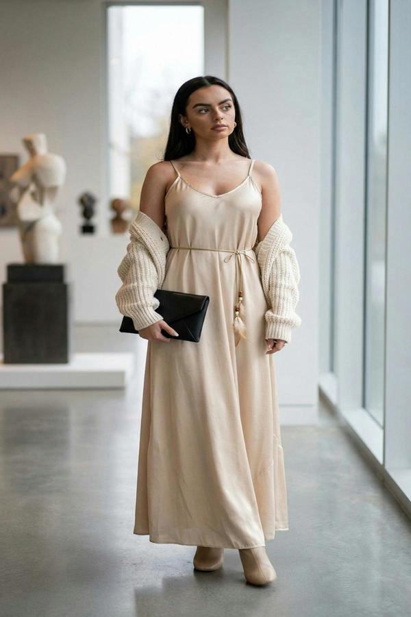 Liora Strappy Maxi Dress With Feather Tie Waist - Beige