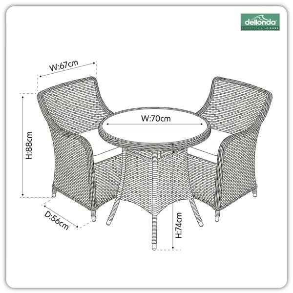 Dellonda Chester 3 Piece Rattan Wicker Outdoor Dining Set with Tempered Glass Table Top, Brown - DG86