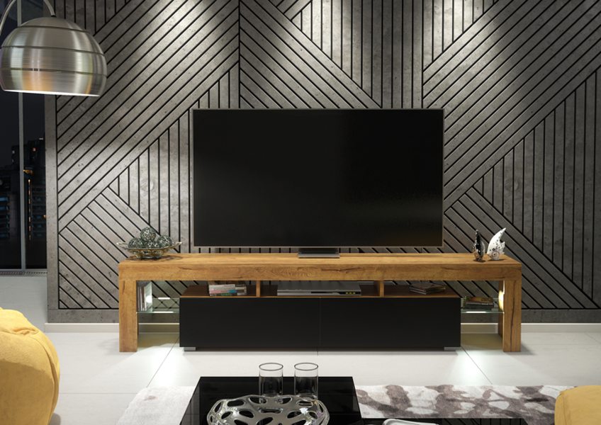 Mex Furniture Sleek 200 cm Modern TV Unit Cabinet Stand Oak Matt Black Doors with Free LED Lights