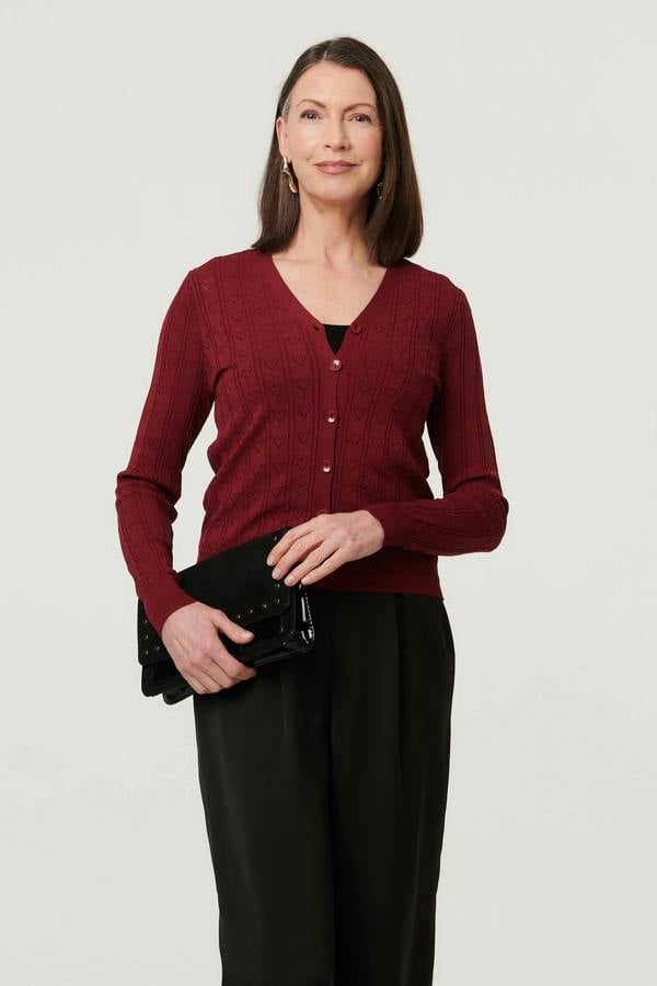 Red | Heart Textured Slim Long Sleeve Cardigan : Model is 5'8"/172 cm and wears UK10/EU38/US6/AUS10