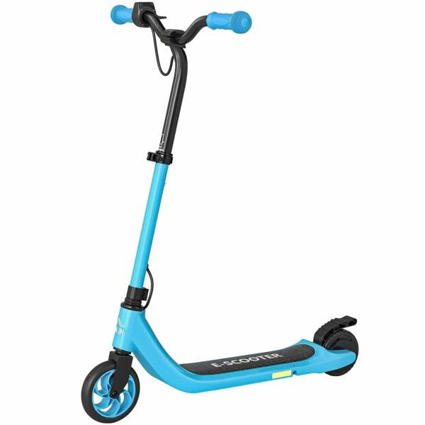 Blue foldable kids electric scooter with black handlebars and rubber foot deck