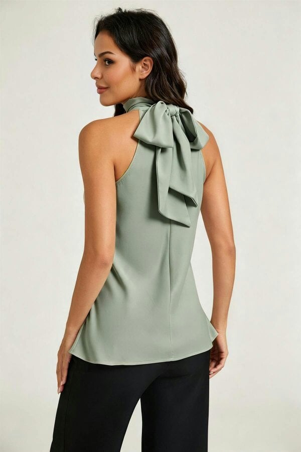 FS Collection Satin Halter Neck Tie Back Top In Dusty Sage