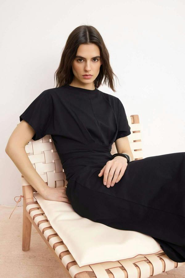 WOVCOR Batwing Sleeve Bodycon Midi Dress with Tie Waist Detail