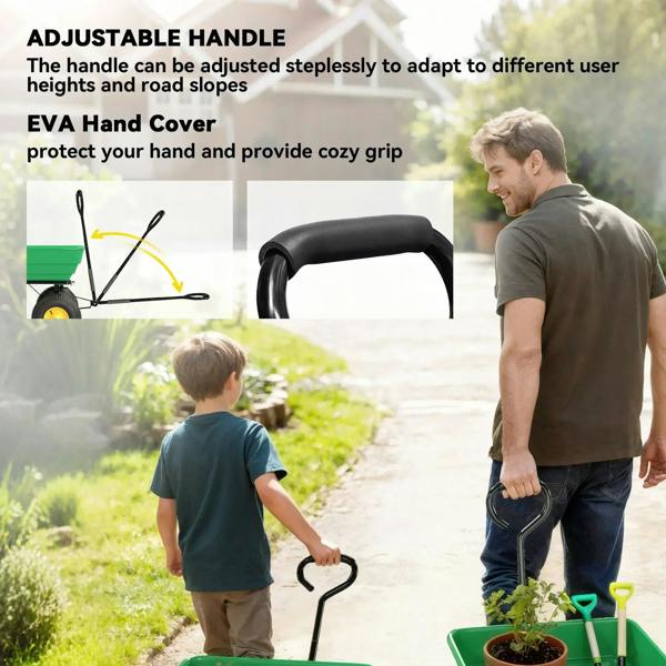 Green garden cart with adjustable black handle and padded EVA hand cover