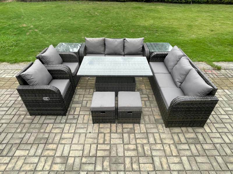 Fimous Rattan Garden Furniture Patio Set, Adjustable Height Dining Table, Reclining Chair Sofa, 2 Side Tables, 2 Small Footstools, Dark Grey Mixed