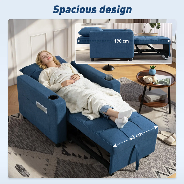3-in-1 Single Sofa Bed, Convertible Sleeper Chair Bed - Dark Blue