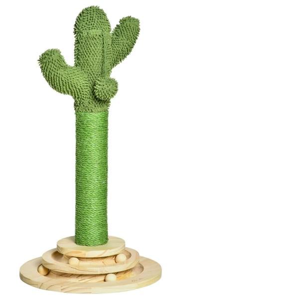 Green cactus-shaped cat scratching post with round sisal-wrapped base