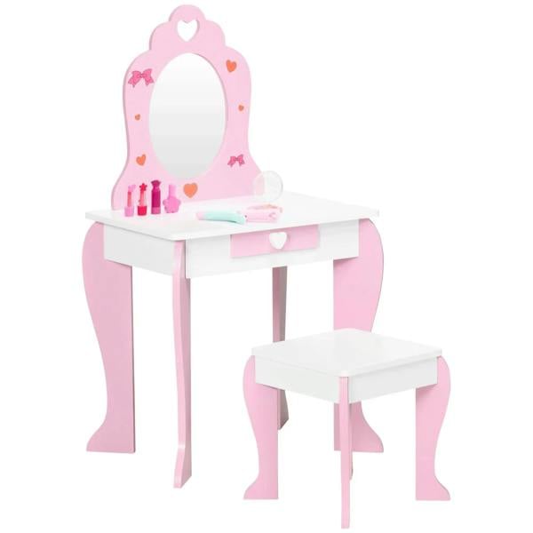 Kids pink dressing table set with heart mirror, drawer, and matching stool