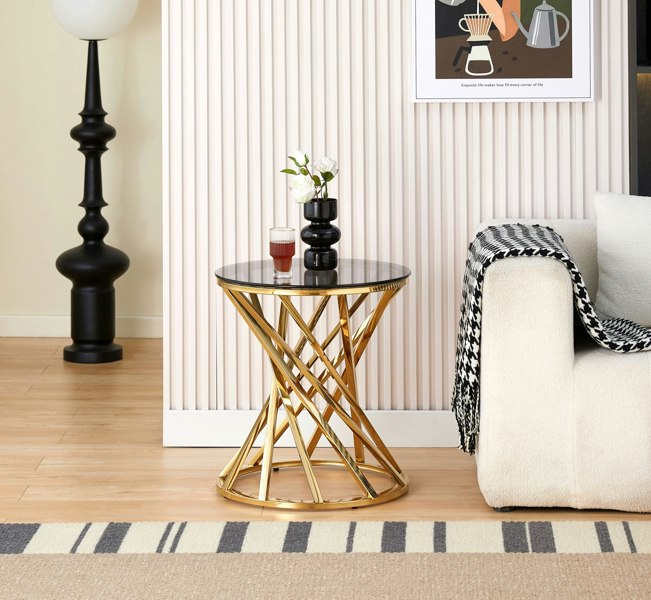 Comfy Living Round Metal Lamp Or Side Table With Tinted Glass Tempered Top Living Room